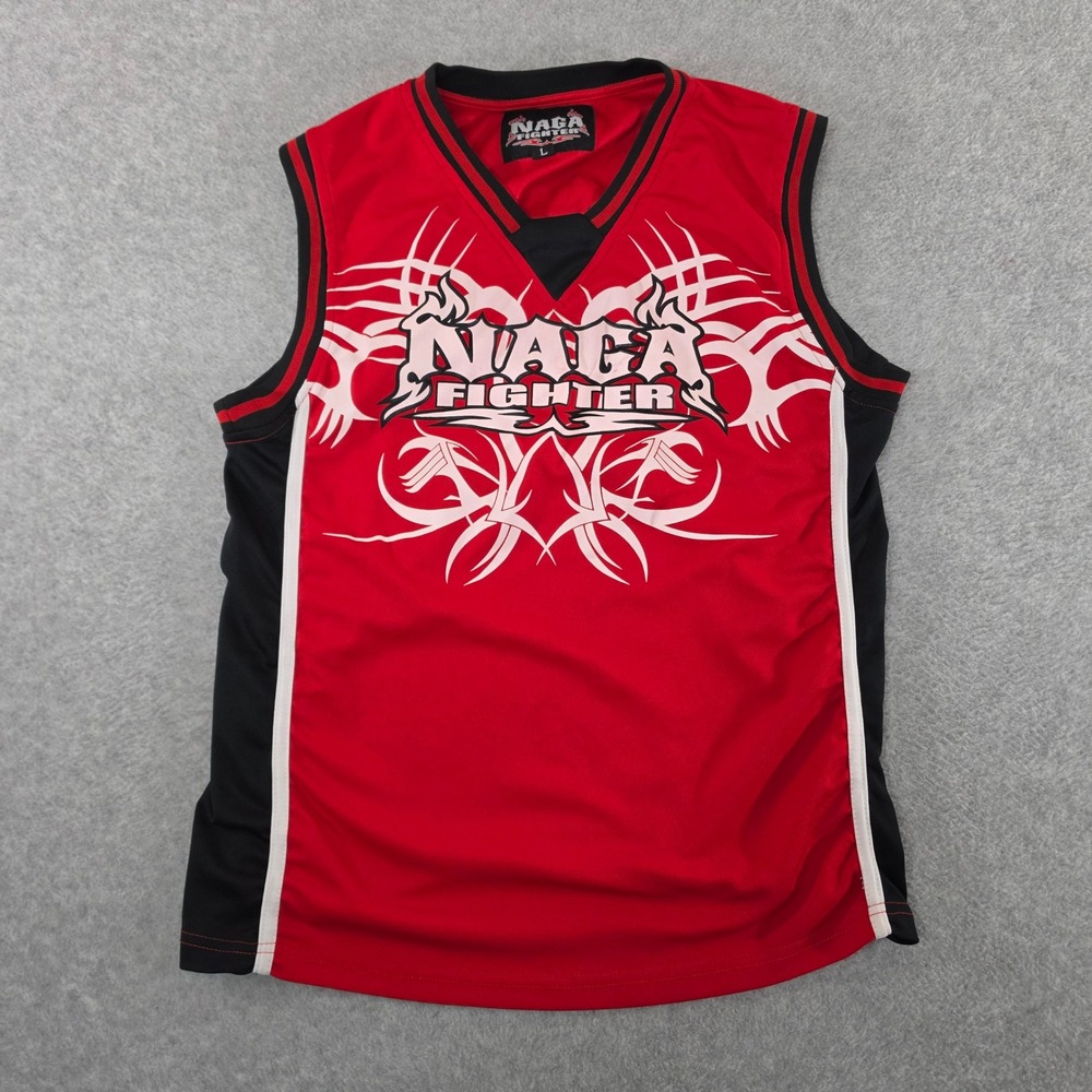 NAGA Fighter Sleeveless Jersey Red Black Tribal Graphic Mens Large MMA BJJ